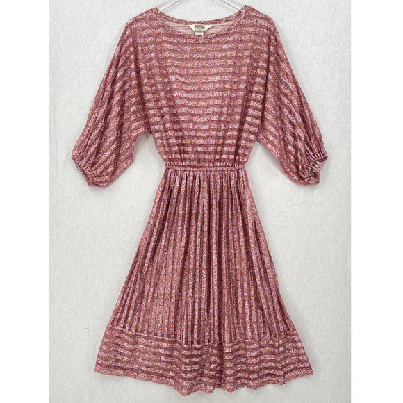 Vintage 80s Dress Womens Small Pink Sheer Striped 3/4 Sleeve Midi Tiny Floral - Picture 15 of 16